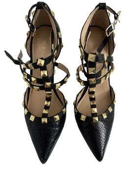 BCBG Black Pointed-Toe Strappy Heels with Gold Studs